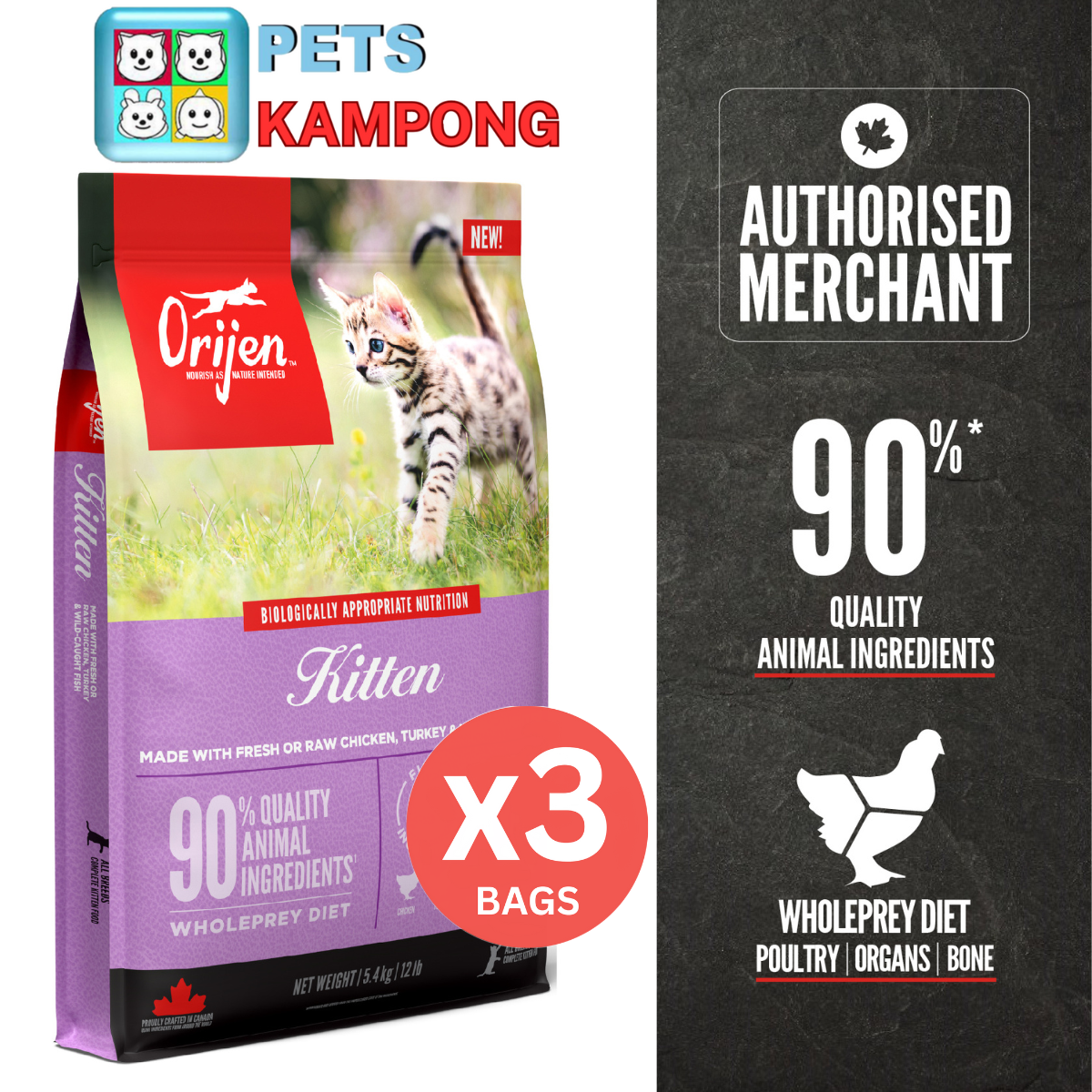 Orijen Kitten Triple Play 5.4kg x 3 bags