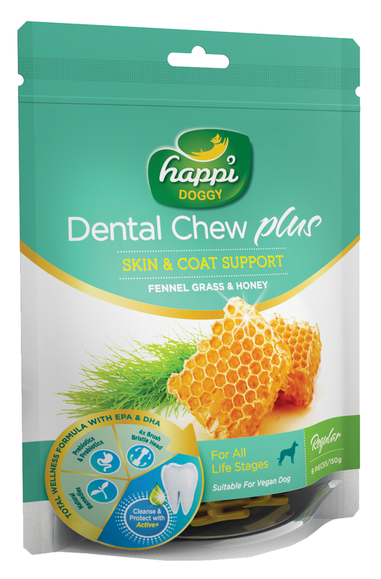 Happi Doggy Dental Chew Care Skin & Coat Support With Fennel Grass & Honey - Regular 4" 150g