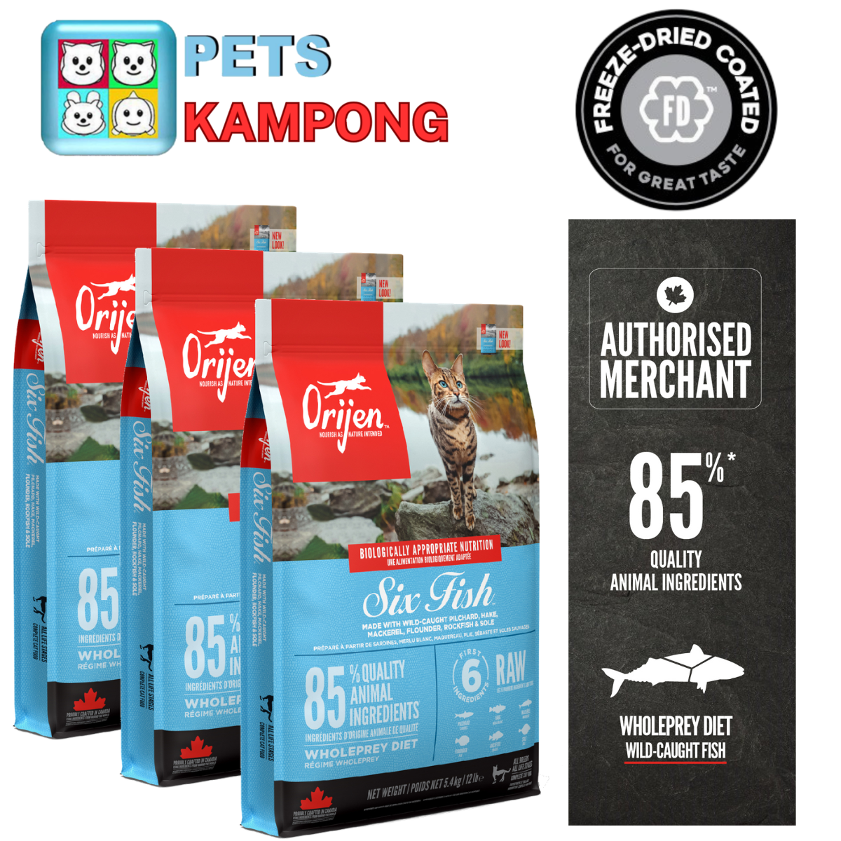 ORIJEN Cat Freeze-Dried Infused Six Fish Triple Play 5.4kg x 3 bags