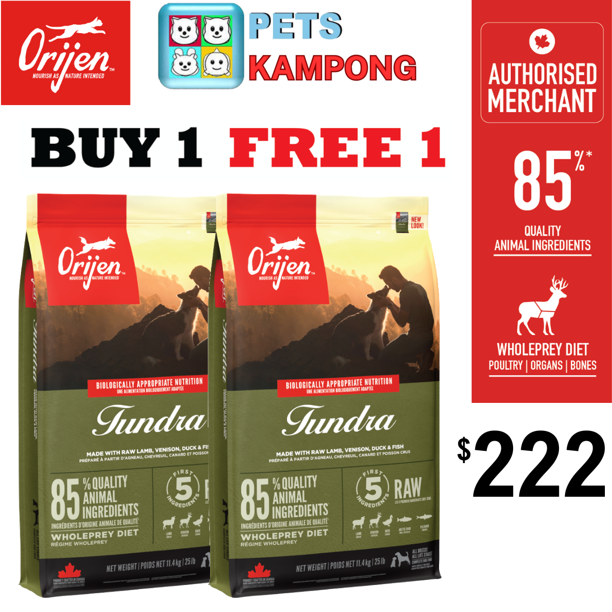 Orijen Dog Tundra 11.4kg (BUY 1 FREE 1)