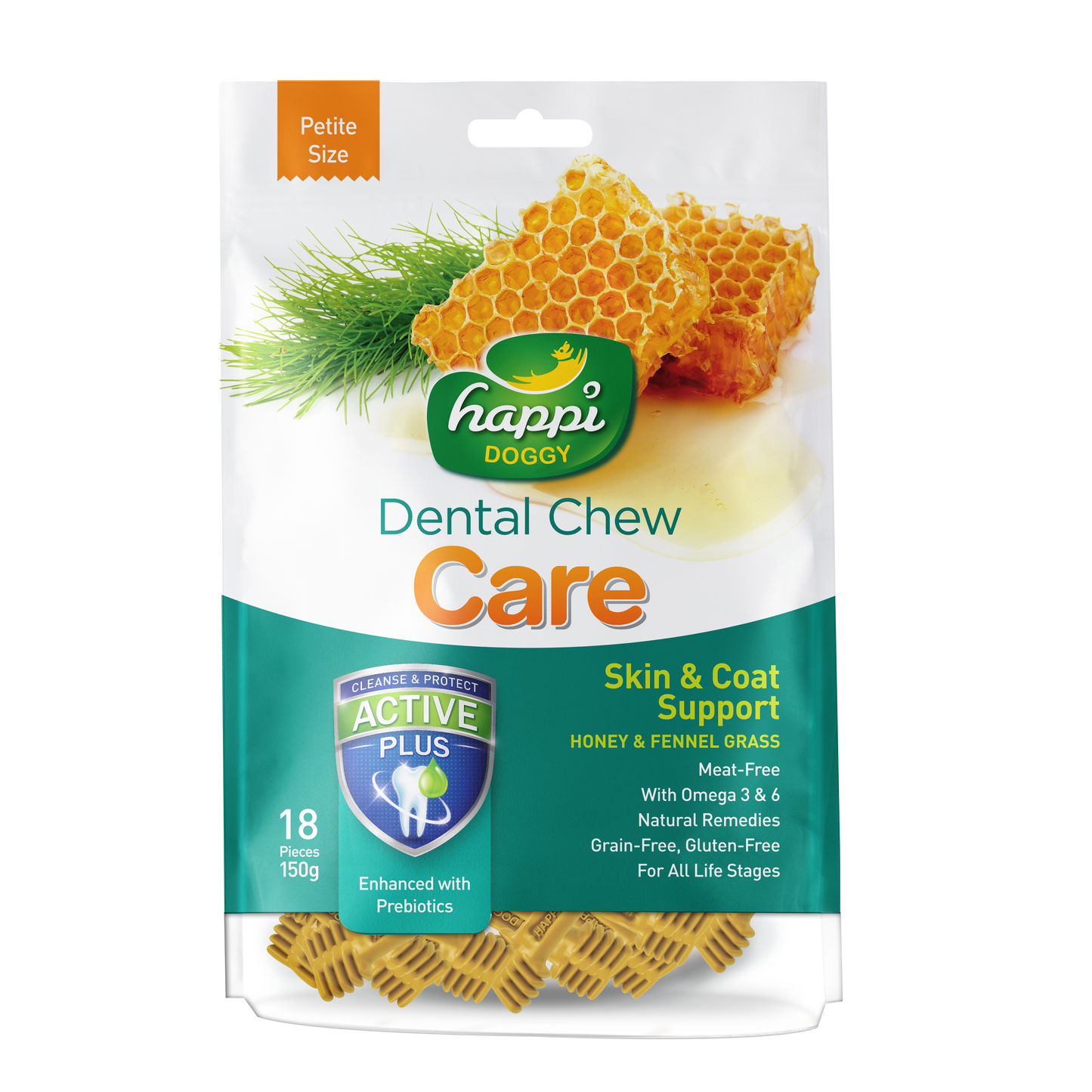 Happi Doggy Dental Chew Care Skin & Coat Support With Fennel Grass & Honey - Petite 2.5" 150g